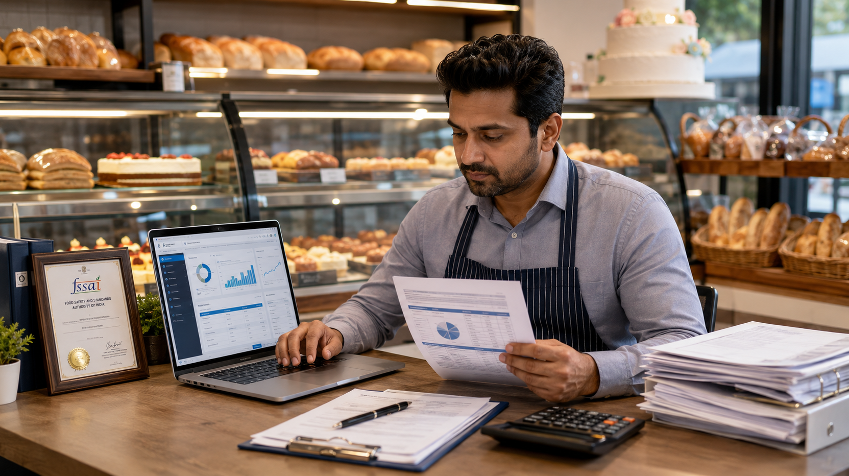 Bakery owner reviewing GST and FSSAI compliance records
