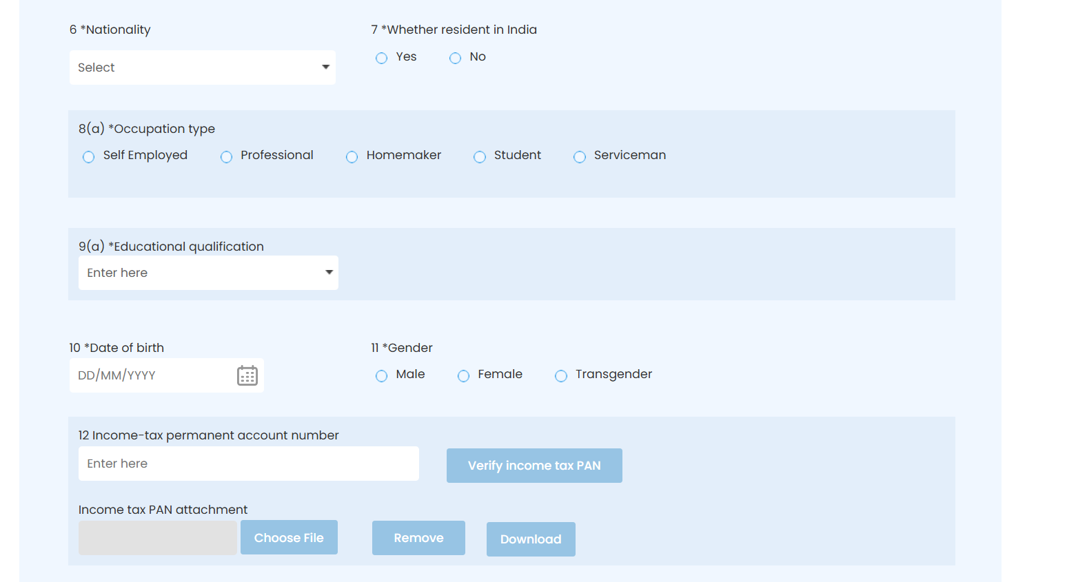 DIR-3 nationality occupation qualification PAN and OTP fields