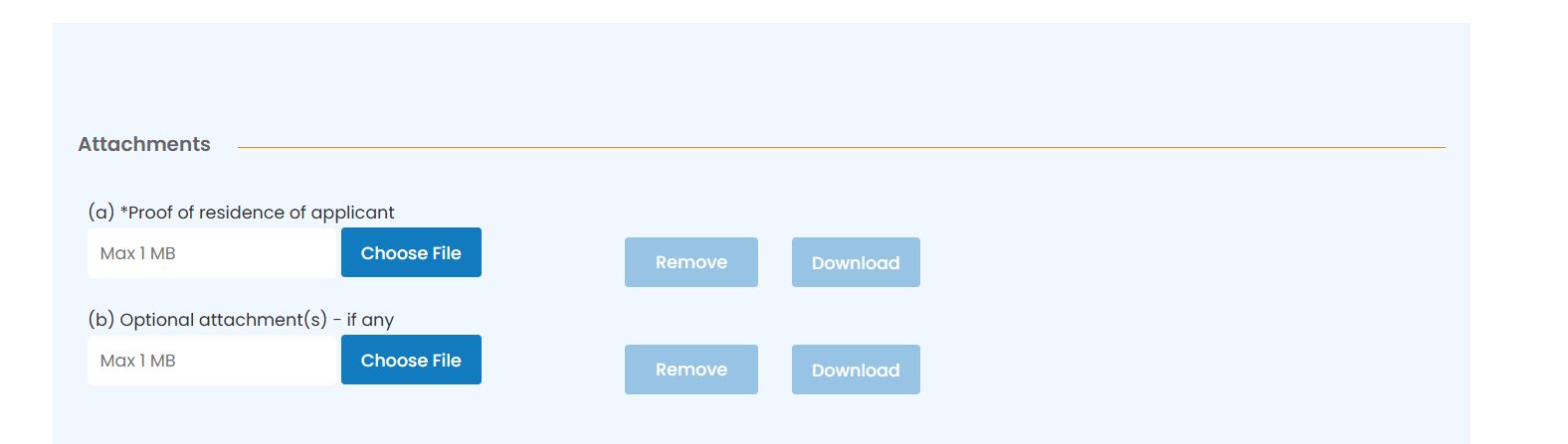 DIR-3 proof of residence and optional attachment upload fields