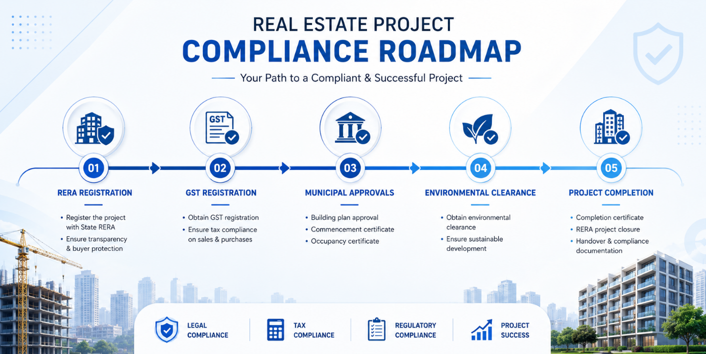 Real estate project compliance roadmap with RERA, GST, municipal approvals and environmental clearance
