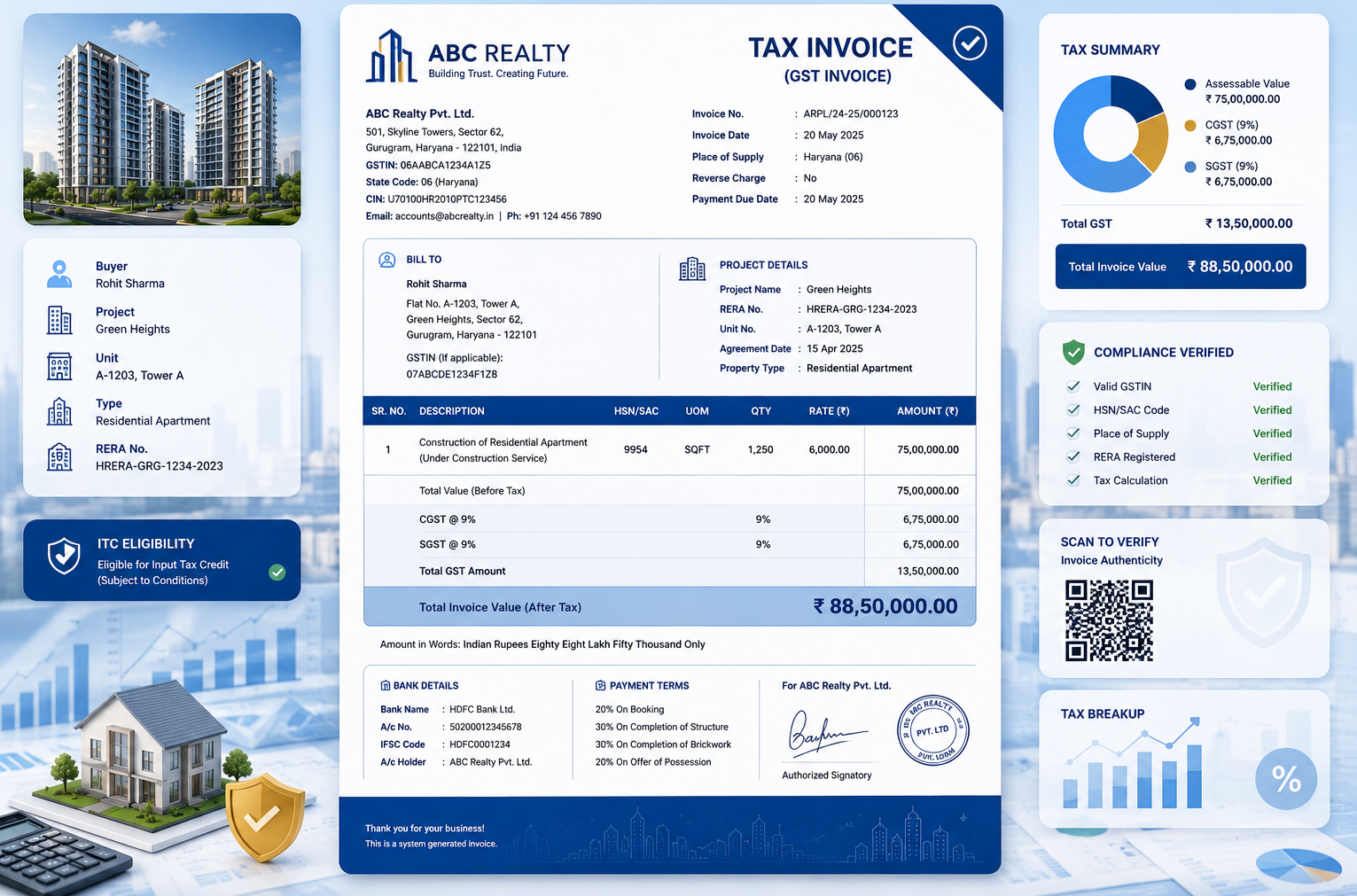 Sample real estate GST invoice with project, buyer, tax and verification details