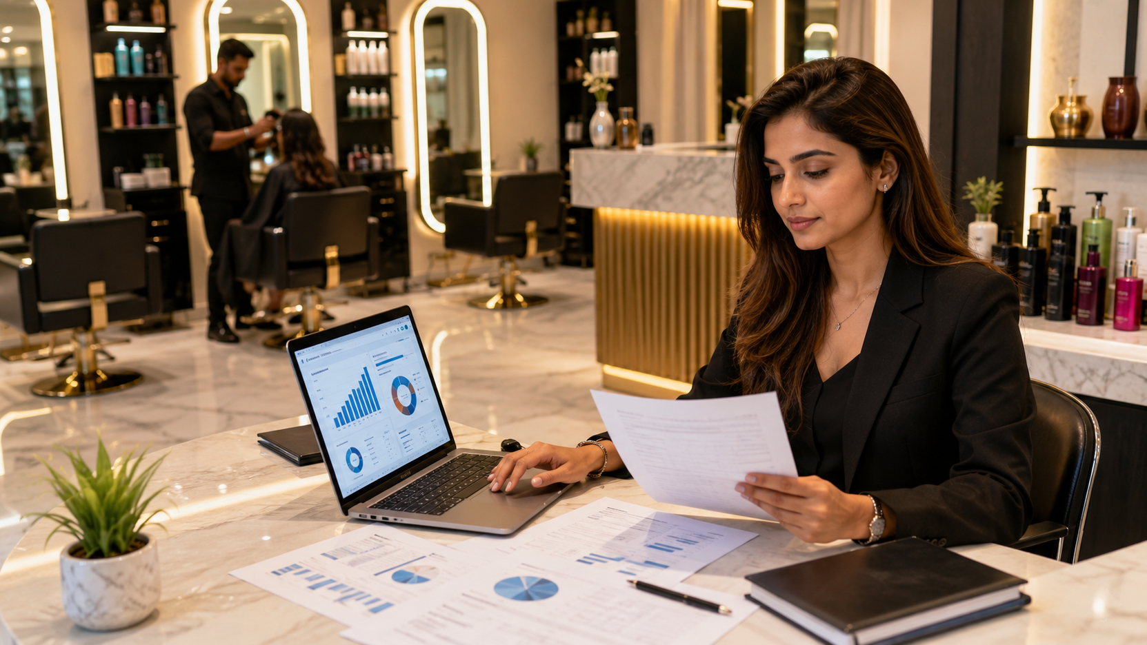Salon owner reviewing GST compliance reports